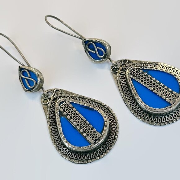 Jewelry - Blue Earrings, Boho, Afghan, Enameled, Big, 3" Long, Vintage Earrings, Silver